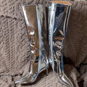 Women’s Silver Knee-High Kitten Heel Boots